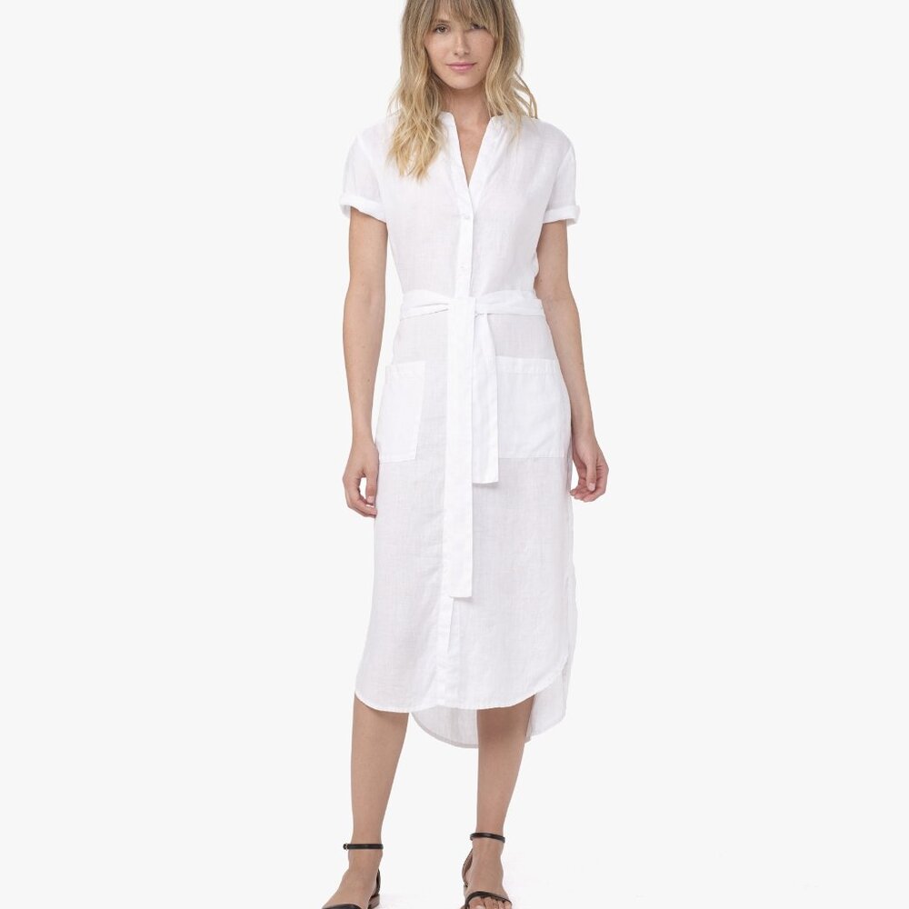 James Perse White Linen Midi Shirt Dress with Tie Waist NWOT